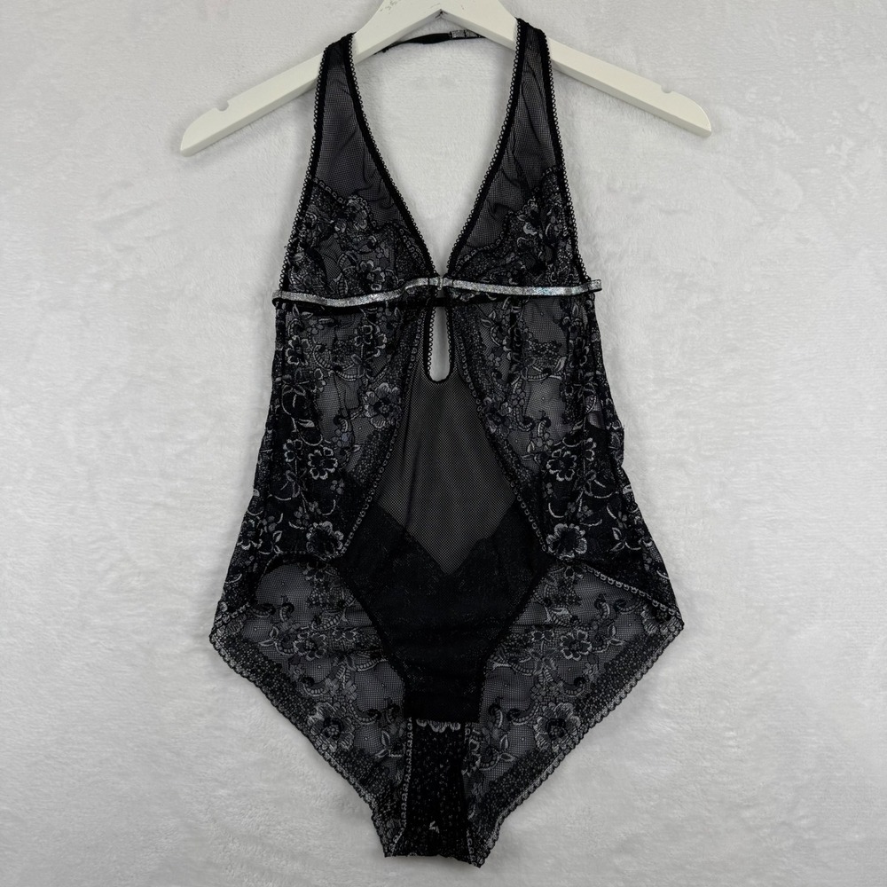 Victoria's Secret Very Sexy Black Lace Silver Metallic Halter Teddy Bodysuit S